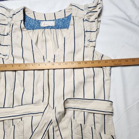Anthropologie Womens 12 Heeda Ruffle Sleeve Striped Denim Jumpsuit Ivory Blue - Picture 8 of 9